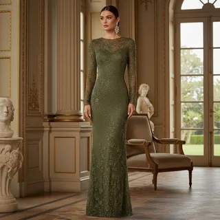 Photo of Mac Duggal Gown – Size 4 – Olive Beaded Sheer Sleeve Gown – NWT (Style 5504)
