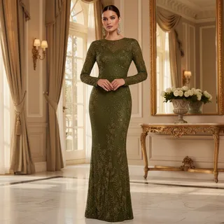 Photo of Mac Duggal Gown – Size 4 – Olive Beaded Sheer Sleeve Gown – NWT (Style 5504)