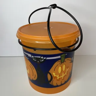 Photo of TUPPERWARE Halloween Jack O Lantern Bucket Pail Lid Clasp Handle ORANGE Black