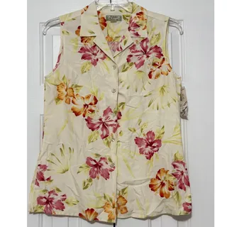 Photo of NWT Vintage Tommy Bahama Silk Linen Sleeveless Tropical Print Blouse, Size M