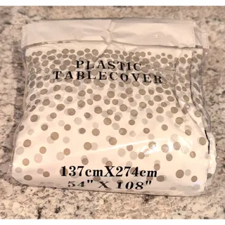 Photo of Plastic Tablecover White/Silver Polka Dot Party 54 x 108 in (selling 6 together)