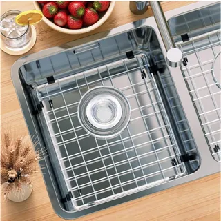 Photo of SlimmKISS 13x15 Stainless Steel Sink Grid Rack, Rear Drain, Strainer 2 pack