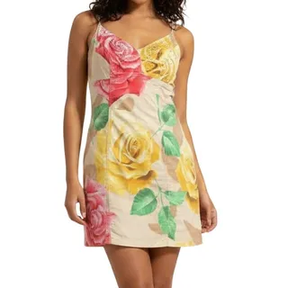 Photo of Y2K Pink Yellow Tan Floral Rhinestone Sleeveless Mini Dress 44 / M Angelo Marani