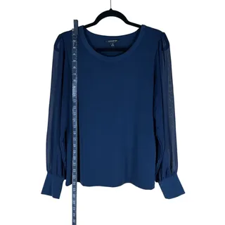 Photo of Banana Republic Blouse Women’s Medium Navy Blue Sheer Sleeve Flowy Work Preppy