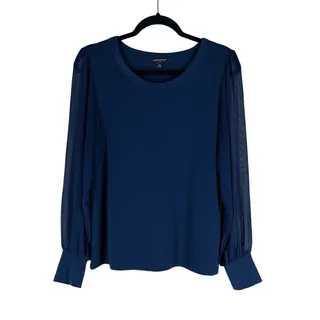 Photo of Banana Republic Blouse Women’s Medium Navy Blue Sheer Sleeve Flowy Work Preppy