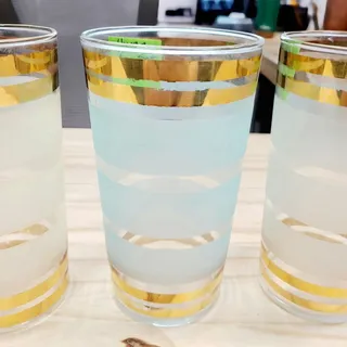Photo of Vintage 1950's MCM Highball Glasses Pastel Frosted, Gold Stripes Set of 4