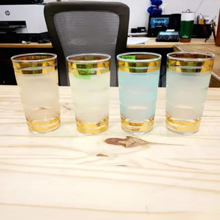 Photo of Vintage 1950's MCM Highball Glasses Pastel Frosted, Gold Stripes Set of 4