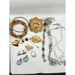 Photo of 14 Piece Vintage Costume Jewelry Lot Brooches Bracelet Necklaces Earrings Ring Mixed Lot