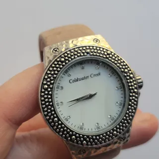 Photo of Coldwater Creek Womens Watch White Dial Silver Case Beige Leather Strap Quartz