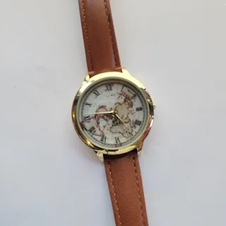 Photo of Accutime Womens Watch 38mm Gold Case Beige Dial Brown Faux Leather Quartz