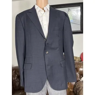 Photo of Copied - Brunello Cucinelli Navy Peak Lapel Wool Sportcoat Suit Jacket Blazer Plaid 54/44