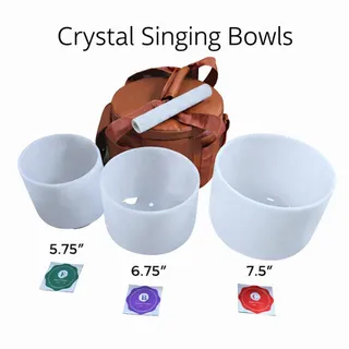 Photo of Crystal Singing Bowls 432Hz 5.75"F, 6.75"B, 7.5"C Chakra Frosted Quartz Mallet