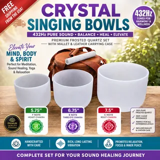 Photo of Crystal Singing Bowls 432Hz 5.75"F, 6.75"B, 7.5"C Chakra Frosted Quartz Mallet
