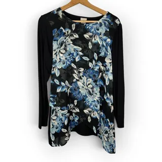 Photo of Chicos Womens Small Floral Mesh Overlay Tunic Black Blue Layered Asymmetric Top