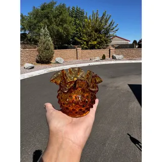 Photo of Fenton Art Glass Colonial Amber Hobnail mini vase double crimped ruffled rim 70s