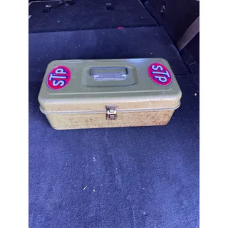Photo of Metal olive Green utility box rustic patina w/tray vintage 60s 70s industrial