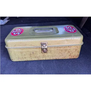 Photo of Metal olive Green utility box rustic patina w/tray vintage 60s 70s industrial