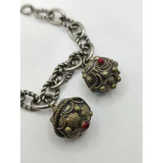 Photo of Silver Tone Rope Chain Charm Bracelet Round Dangle Beads Spring Ring Closure