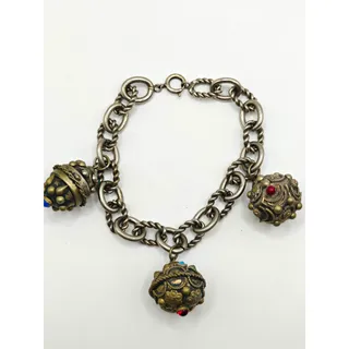 Photo of Silver Tone Rope Chain Charm Bracelet Round Dangle Beads Spring Ring Closure