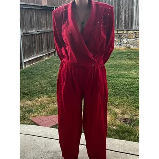 Photo of Vintage 80s Red Studded Jumpsuit Womens Power Suit Shoulder Pads Glam Retro