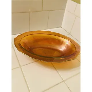 Photo of Vintage Carnival Glass Normandie Marigold Iridescent Oval Shape Bowl 10” Long