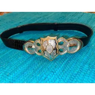 Photo of VINTAGE ALEXIS KIRK BLACK ALLIGATOR GOLD & SILVER BUCKLE ADJUSTABLE SIZE BELT