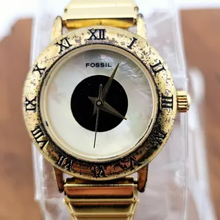 Photo of Fossil Women's Gold Tone Roman Numeral Bezel Watch SC-5494 Stretch Band Bold