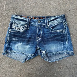 Photo of Rock Revival Vivian Bling Raw Hem Denim Jean Shorts Blue Size 28 E8377H39