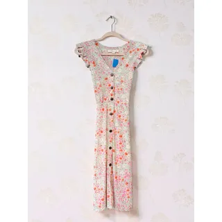 Photo of Monteau Los Angeles Floral Midi Dress Small Button Front Flutter Sleeve Tie Waist