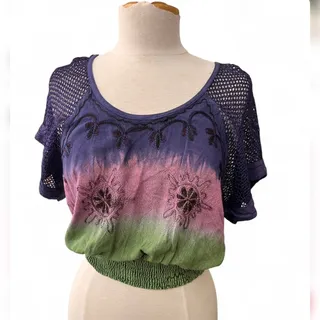 Photo of Sacred Threads Boho Tie Dye Embroidered Crop Top - OS Purple and Green NWT