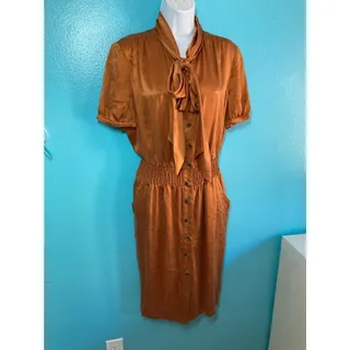 Photo of Vintage Chetta B Women 12 Silk Dress M Orange Pussy Bow Tie Smocked with Pocket