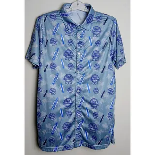 Photo of Pabst Blue Ribbon Surf Camp Shirt Mens Small Blue Stretch Button Down PBR