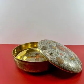 Photo of Vintage Indian Brass Enamel Coasters, Set of 6 With Holder, Cloisonne Style Drink Coasters