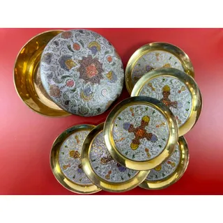 Photo of Vintage Indian Brass Enamel Coasters, Set of 6 With Holder, Cloisonne Style Drink Coasters