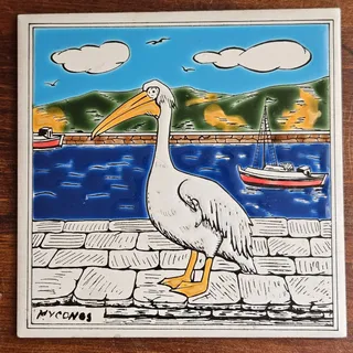 Photo of Vintage Handmade Greek Mykonos Pelican Ceramic Tile | 1970s Mediterranean Art