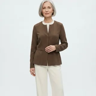 Photo of EILEEN FISHER Women's Med Rayon Silk Crepe Button Blazer Jacket Chocolate Brown