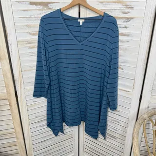 Photo of GARNET HILL Women's XL Blue Striped V Neck Tunic Top Tencel Lyocell