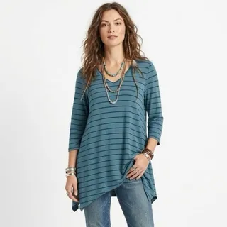 Photo of GARNET HILL Women's XL Blue Striped V Neck Tunic Top Tencel Lyocell