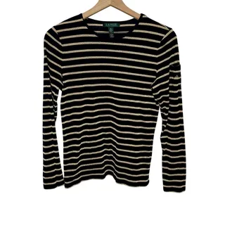 Photo of LAUREN RALPH LAUREN Black Gold Stripe Top Monogramed Arm Pocket Size Medium
