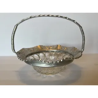 Photo of Vintage Hammered Aluminum Rose Pattern & Thumbprint Glass Candy Dish Bowl Basket