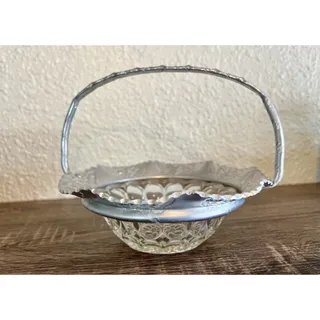 Photo of Vintage Hammered Aluminum Rose Pattern & Thumbprint Glass Candy Dish Bowl Basket