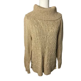 Photo of Talbots Women’s Large Cable Knit Cowl Neck Sweater Beige Oatmeal Button Detail