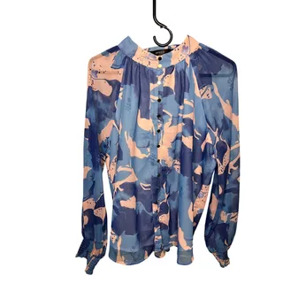Photo of Zesica Women’s Large Blue Pink Abstract Floral Sheer Button Blouse