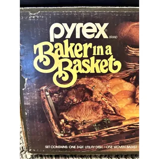 Photo of Vintage Pyrex Baker in a Basket BOX 3 Quart Bakin Dish With Woven Basket #2330