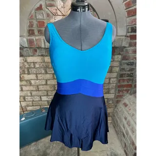 Photo of swimsuit swim dress Vintage 1980s one piece colorblocked blue teal aqua black
