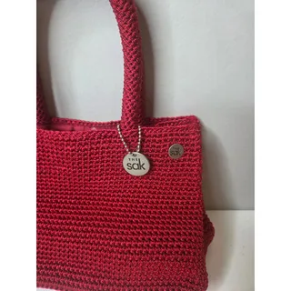 Photo of The Sak Red Crochet Knit Handbag Small Two Handled Purse with Bag Charm