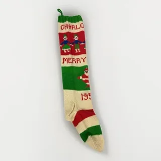 Photo of Vtg 1950 Personalized Charlotte Hand Knit Wool Christmas Stocking w/ Santa