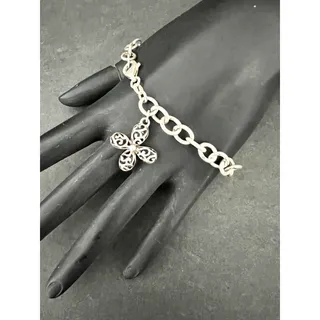 Photo of Sterling Silver Chain Bracelet w/ Floral Signed 925 TH SU Charm VTG 7.5"