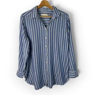 Photo of LOFT Striped Button Down Top Size L Blue White Long Sleeve Boho Coastal Nautical