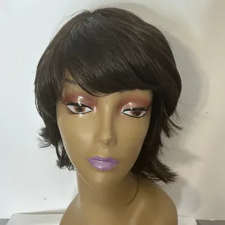 Photo of Dark Brown Short Layered Shag Wig Side Swept Bangs Feathered Flip Style male